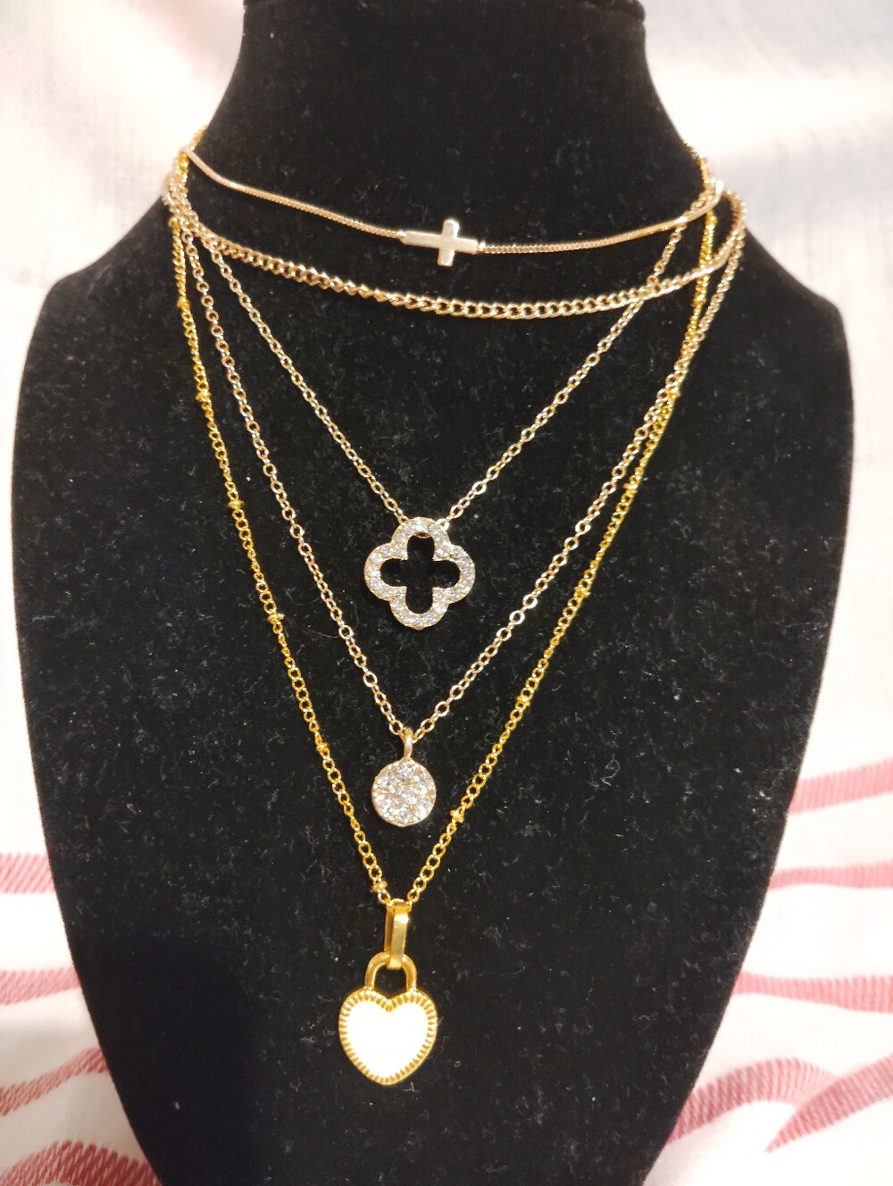 Gold Tone Necklace Bundle Of 4. Heart Necklace. Clover Necklace. Cross Necklace.